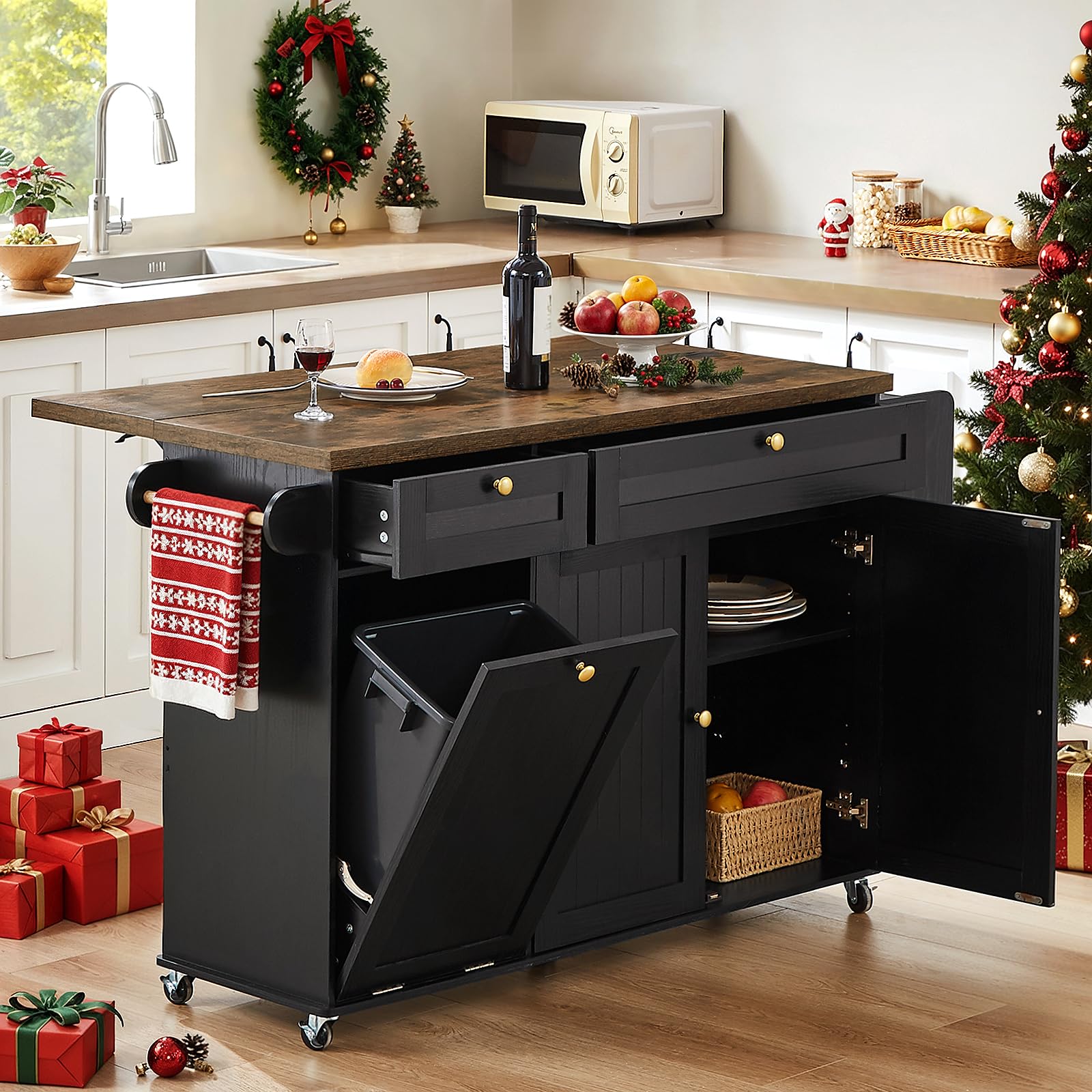 60" Kitchen Island with Power Outlet & Drop Leaf, Kitchen Rolling Island with Spice Rack & Towel Rack, Knife Holder, Kitchen Island Cart with Trash Storage Cabinet, Mobile Island Table for Kitchen