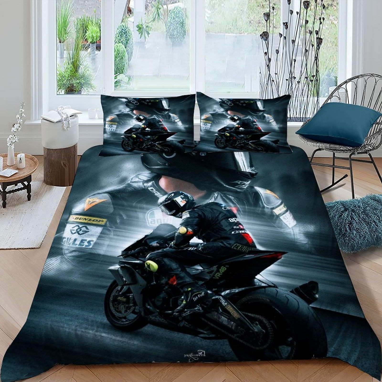 Parure de lit Motorradhelm housse de couette sport mécanique pour chambre ado et adulte