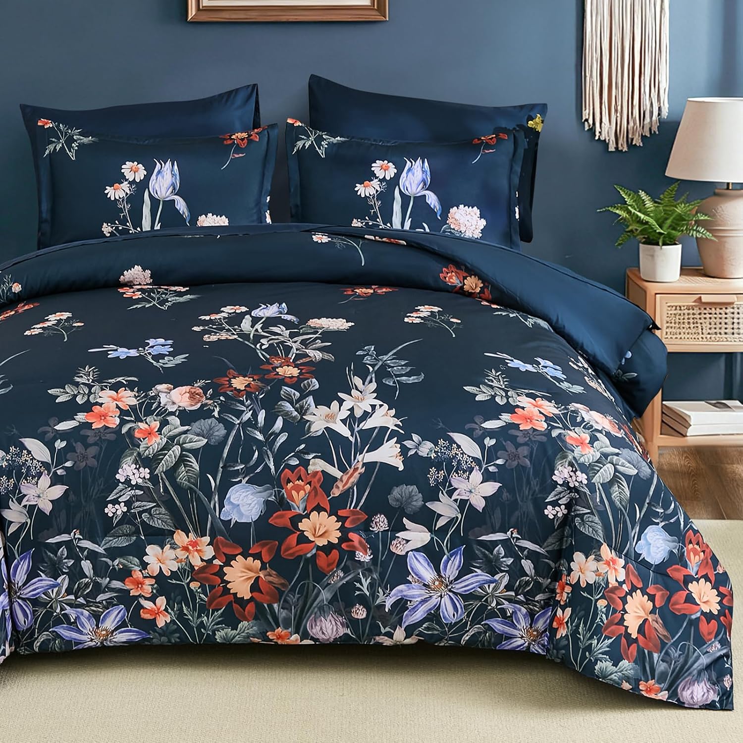 WONGS BEDDING Queen Comforter Set 7 Piece, Navy Blue Floral Bed in a Bag Bedding Set with Botanical Flowers Patterns, Soft Lightweight Complete Comforters with Sheets for All Season