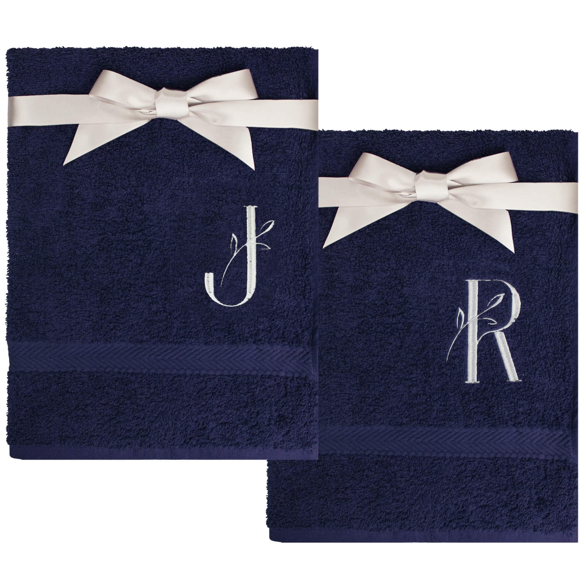 TeddyT's Personalised Silver Leaf Embroidered Initial Hand Towel Wedding Gift Set (French Navy, Classic)