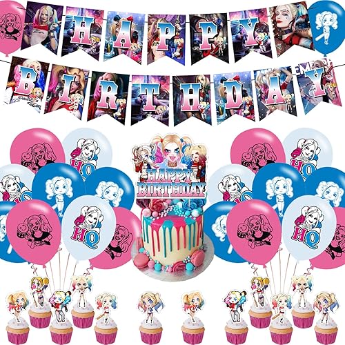 Decoraciones de fiesta de cumpleaños de Joker Girl: globos rosas y azules, pancarta, decoración de pasteles, 12 adornos para cupcakes