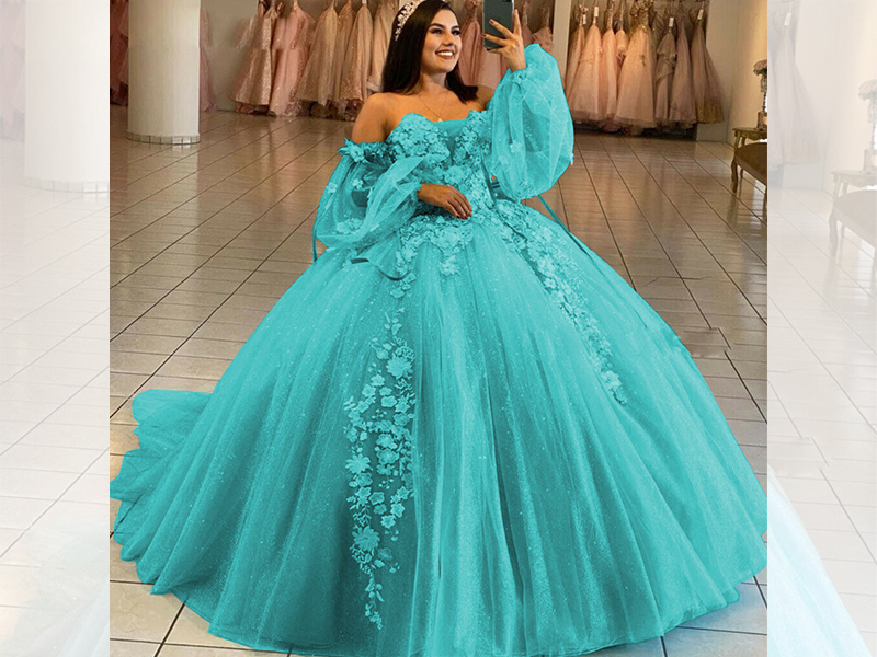 Youjiayi Puffy Sleeve Aqua Quinceanera Dresses Ball Gown with Bow