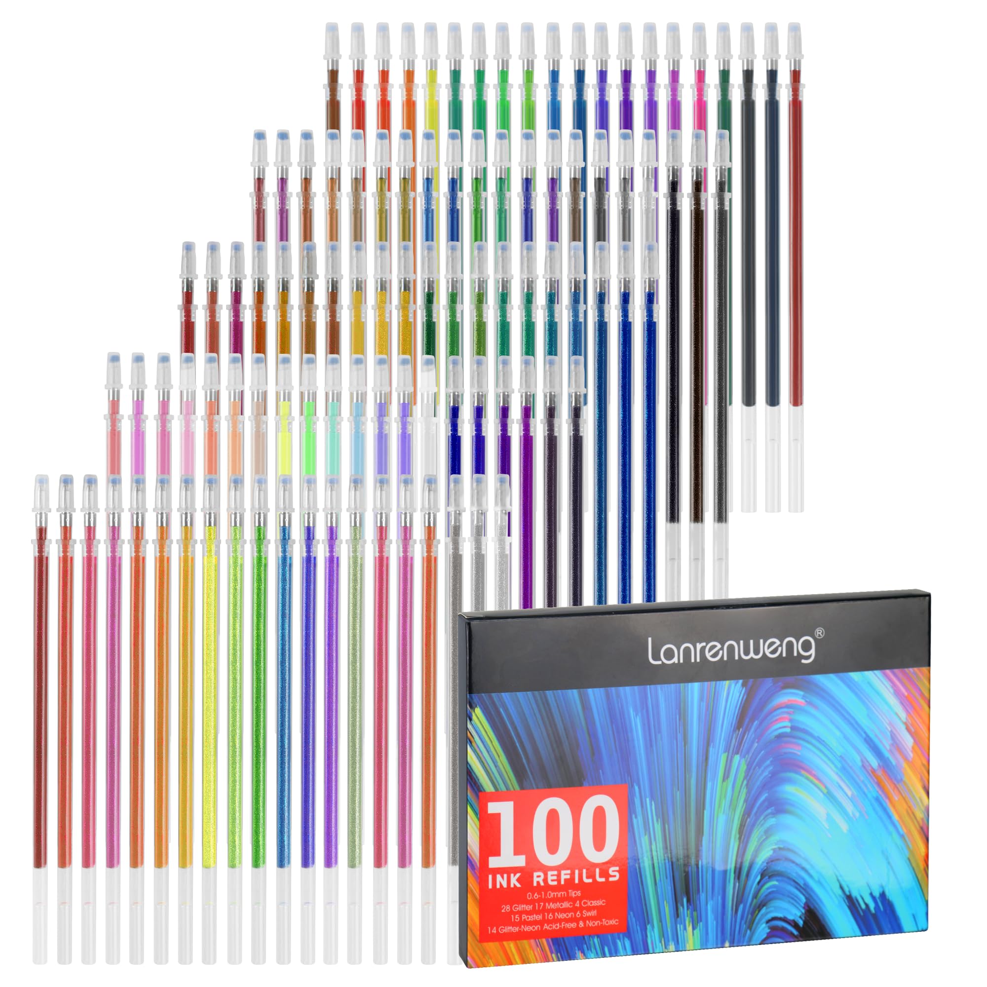 100 Pack Gel Pen Refills Glitter Metallic Pastel Fluorescence Neon Pen Ink Refills for Adult Coloring Books, Scrapbooking, Drawing…