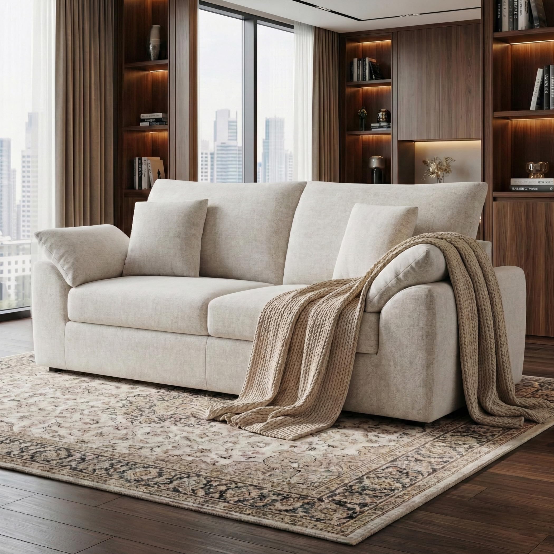 89.8" modern loveseat sofa for living room, cloud boneless couches with 4 pillows, mid century loveseat couches for small place, no assembly required, beige
