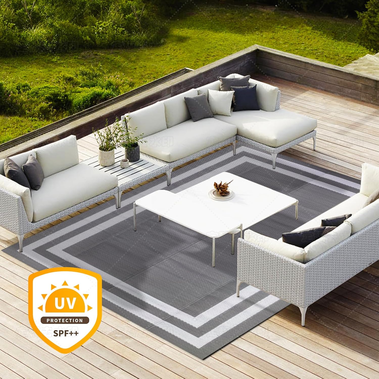 8'x 10' Outdoor Rug,Waterproof Reversible Patio Rugs,8x10 ft Plastic Straw Outdoor Carpet Foldable Plastic Camping Mat for Outside RV, Patio,Picnic,Camper,Balcony,Porch(Gray&White)