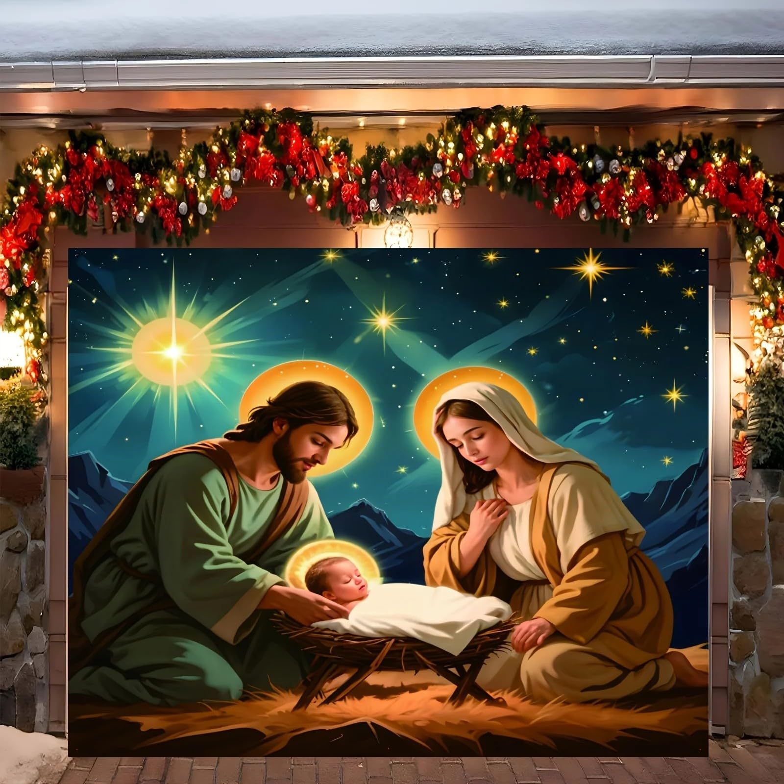 Dekoracja bożonarodzeniowa w tle sceny szopki – gwiaździste niebo z Józefem, Marią i dzieckiem, dekoracja 440 x 300 cm