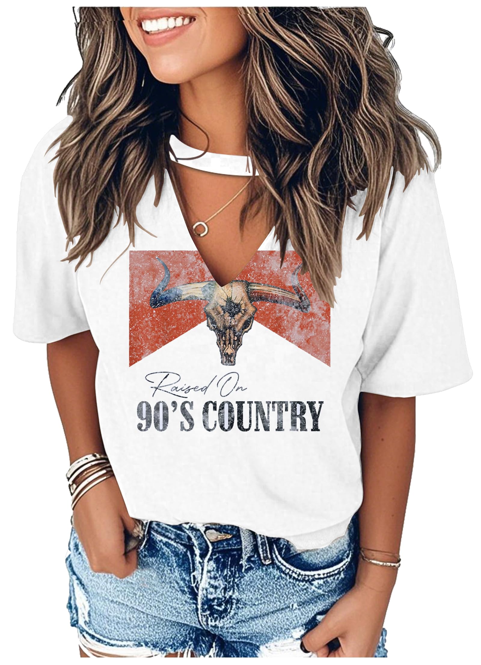 Hollow Out T Shirts for Women Western Graphic Shirts Country Cowgirls Shirts Casual Short Sleeve V Neck Tops