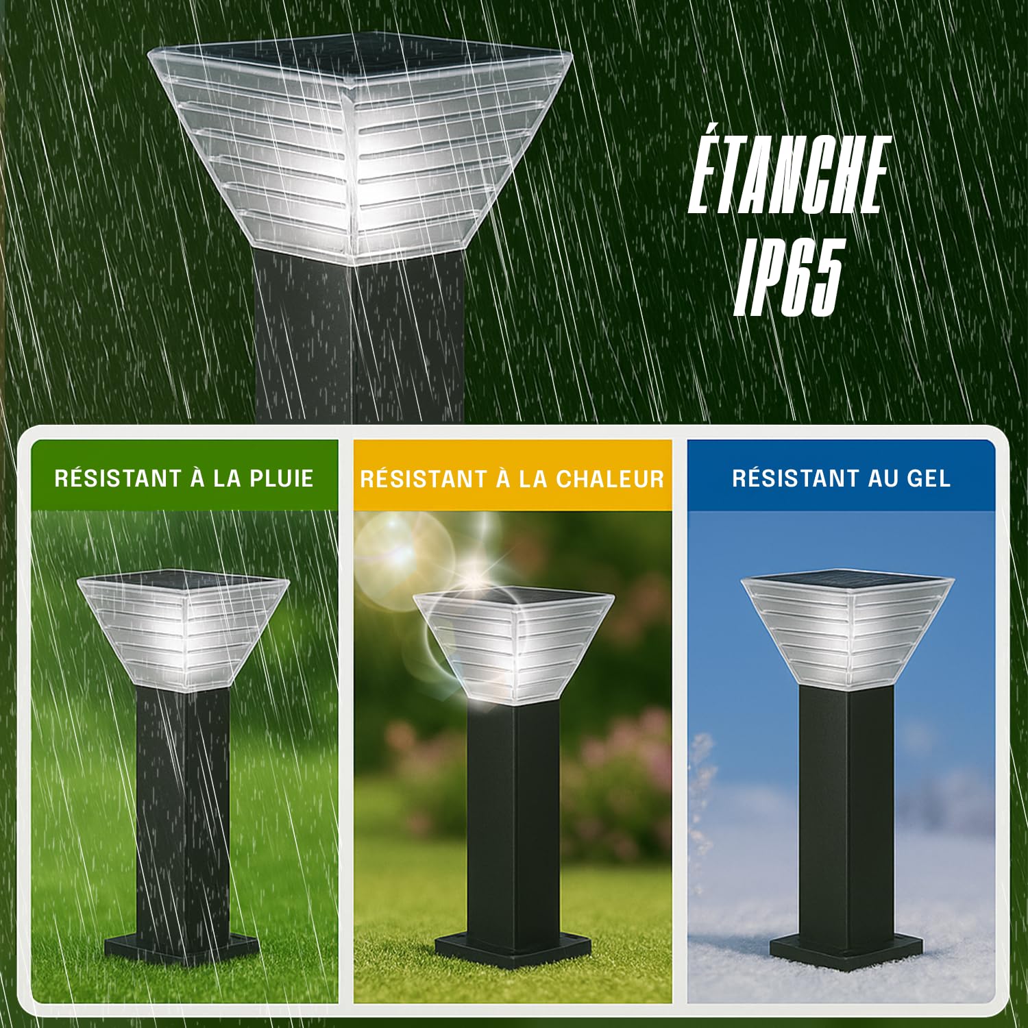 Lampe Solaire Extérieur Jardin – Borne Solaire LED 300 Lumens IP65 – 3000K/6000K – Autonomie 20h, Recharge 5h – Pour Cour, Terrasse, Allée – Aluminium Résistant (Carré, 40 CM)