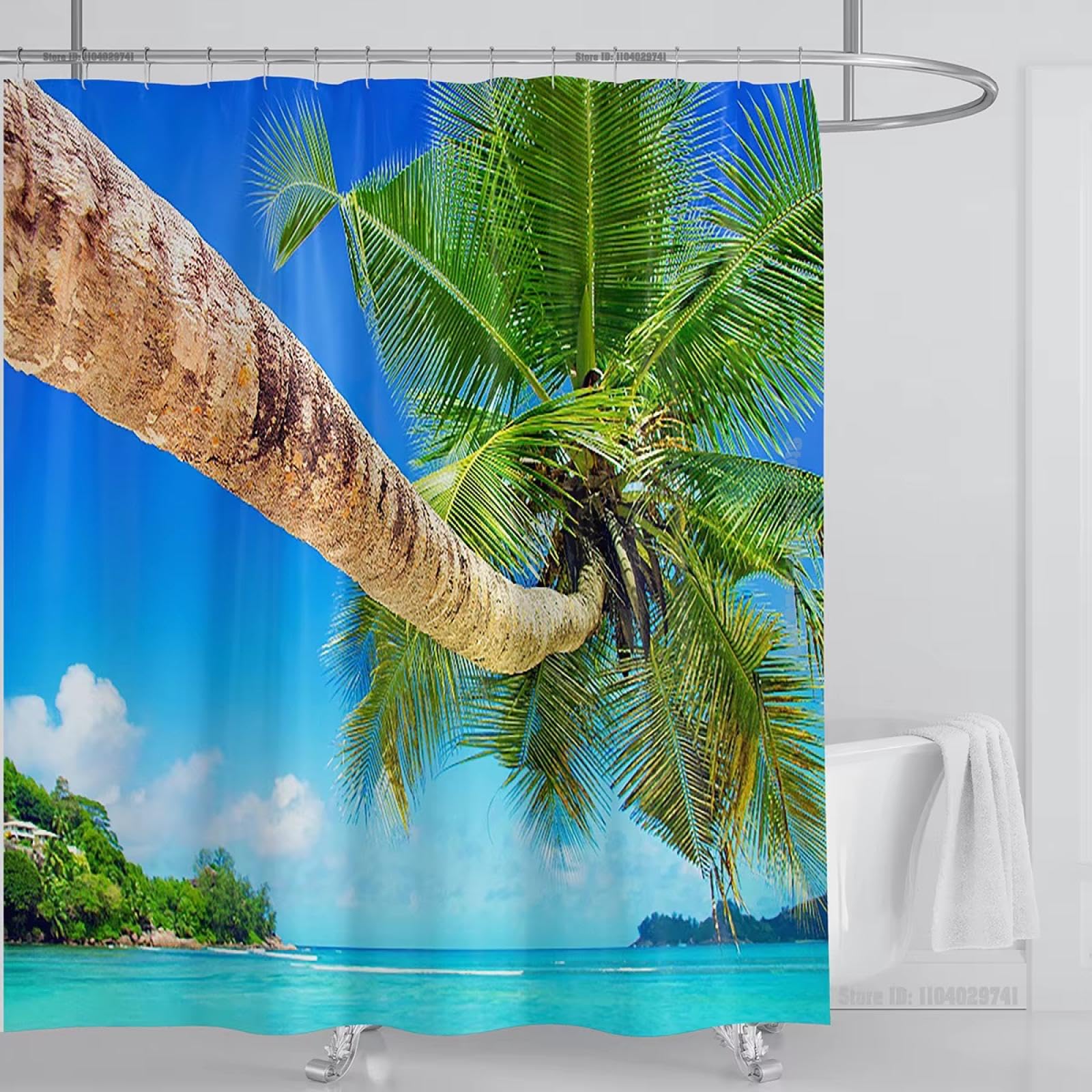 Rideau de douche imprimé feuilles de palmier mer et décoration lavable 128x203