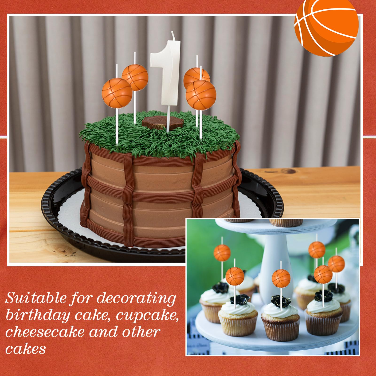 Candele di compleanno 3D con numero 13 di pallacanestro arancione, candela per 13° compleanno, cera di alta qualità e design a diamante 3D a tema basket, decorazioni per torta per ragazzo ragazza