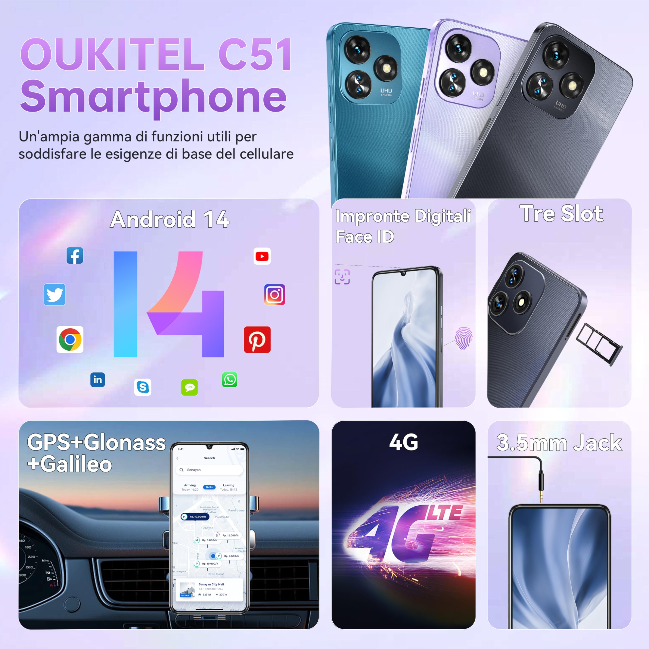 OUKITEL C51 Smartphone 18GB RAM + 128GB ROM - Android 14 Telefono - 6.8" HD+/90Hz Cellulare 5150mAh Octa-Core, 13MP+5MP Camera Dual SIM 4G Cellulari e Smartphone/Fingerprint/Face ID/3.5mm Jack Viola