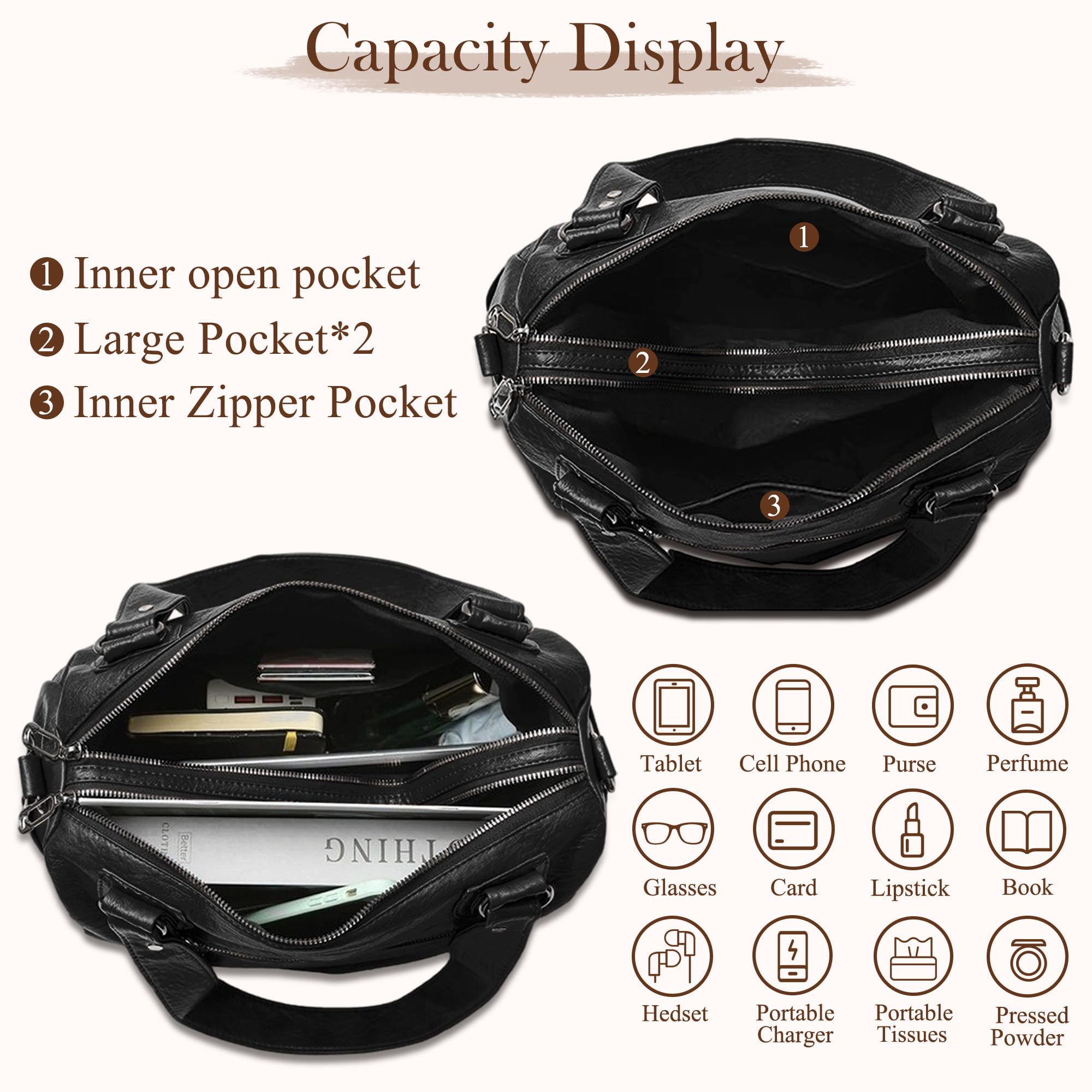 Bolso Mujer PU Fashion Chic, Gran Capacidad Tote Shopper, Bandolera Ajustable y Bolso Hombro Elegante, Ideal Para Oficina, Universidad, Trabajo y Viajes