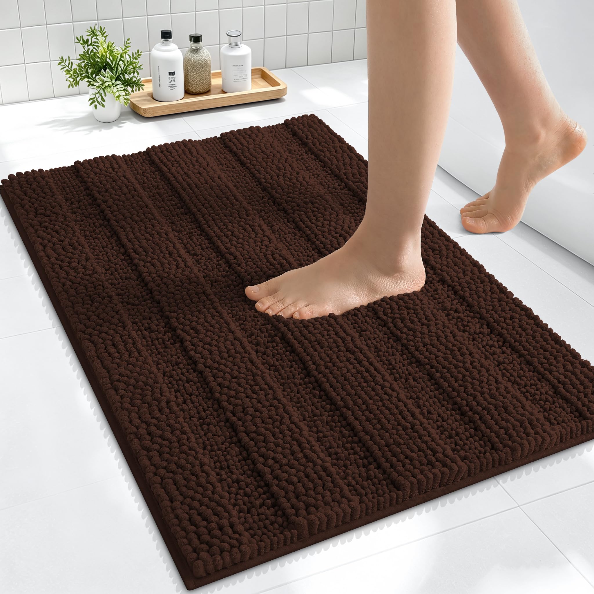 Smiry Thick Small Chenille Bathroom Rugs 24x16, Absorbent Bath Mat, Brown