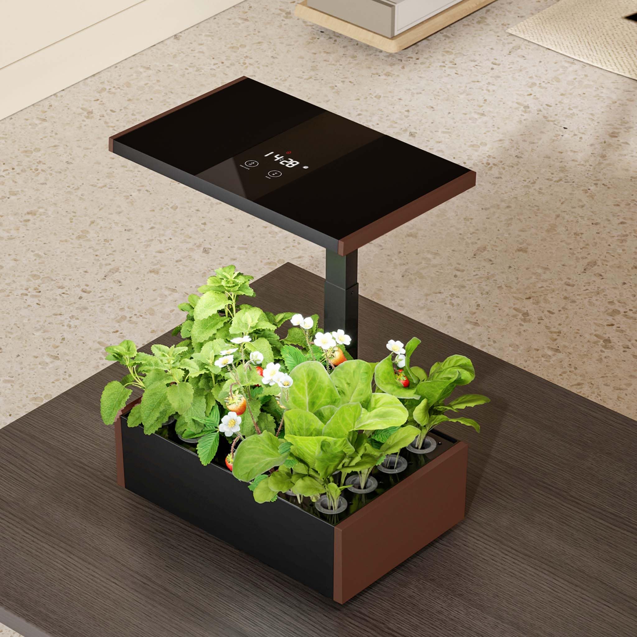 Wiltec Indoor Gartensystem braun, Smart Garden höhenverstellbar, Hydroponisches Anzuchtsystem für 20 Pflanzen, Kräutergarten mit LED-Beleuchtung