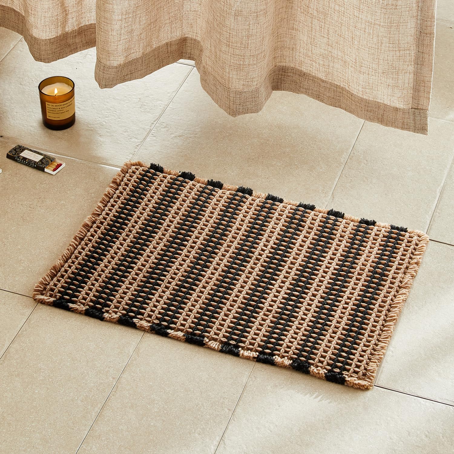 TYUU Waffle Bath Mat, Small Boho Bathroom Rugs Non Slip 24x16 Black &amp; Khaki