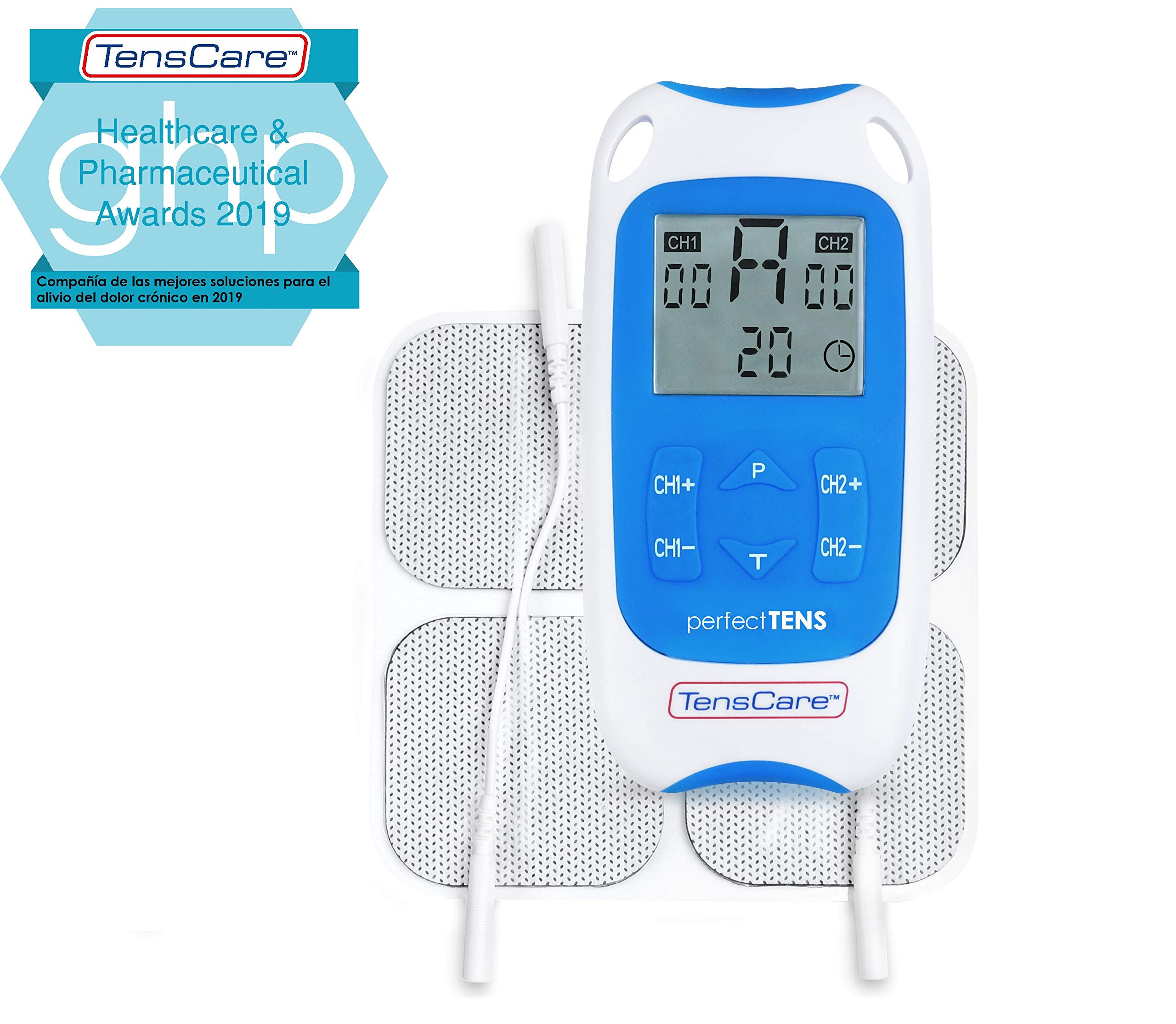 TensCare Perfect Tens+ 12 electrodos – Electroestimulador para Alivio del dolor. 2 Canales, con programas Clínicamente & Perfect Tens – Electroestimulador para Alivio del dolor