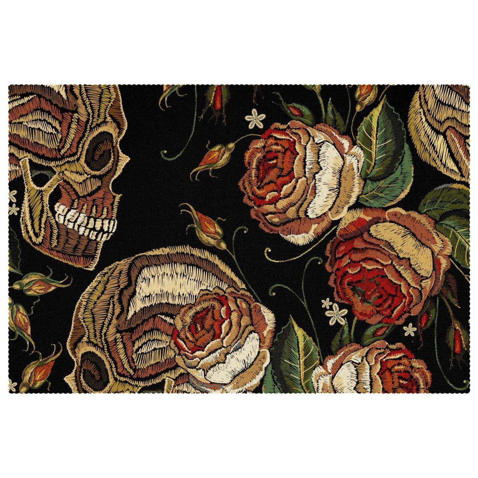 Set de table brodé tête de mort et roses en lot de 6 pièces de dimensions 30,5 x 45,7 cm