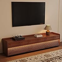 POVISION 79" Fully Assembled Mid Century Modern TV Stand with Adjustable LED Lights, Solid Wood Storage Console for Living Room