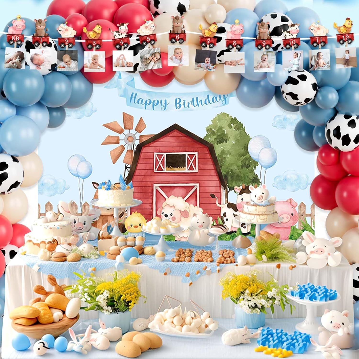 Farm 1st Party Decorations Boy, 1st Birthday Decorations Boy, Blue Barn Animal First Birthday Decorations, Balloon Photo Highchair Banner Cake Topper Box Cutout Crown Poster, 160 PCs