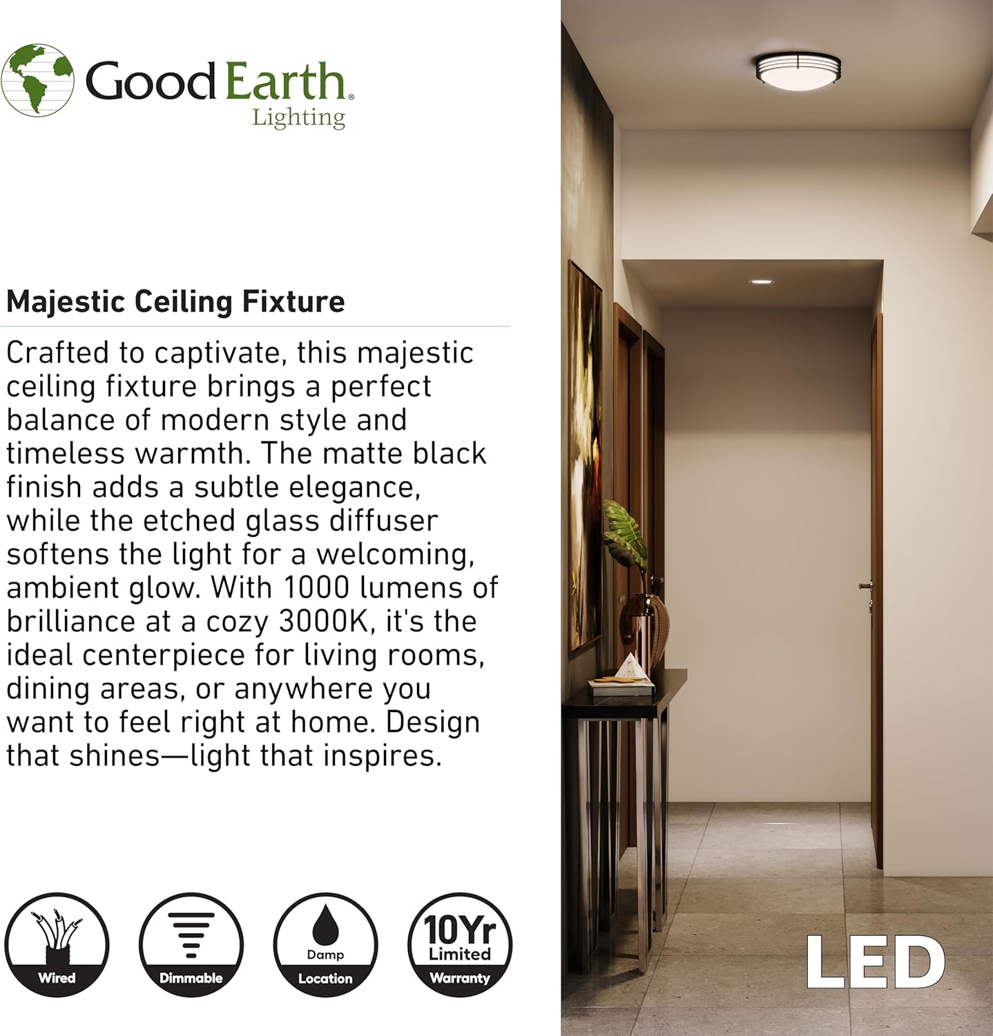 Good Earth Lighting Majestic Ceiling Fixture, 11-in, 1000 Lumens, Dimmable, Matte Black