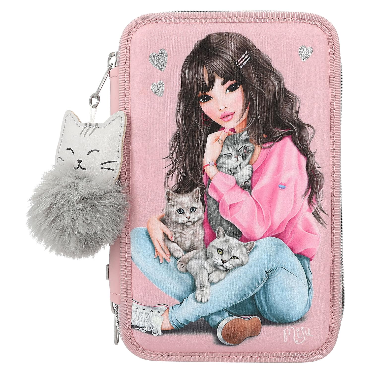 Depesche 11754 TOPModel Kätzchen - Gefüllte 3-Fach Federtasche mit Model-Motiv, rosafarbenes Federmäppchen mit Buntstiften, Lineal, Schere UVM