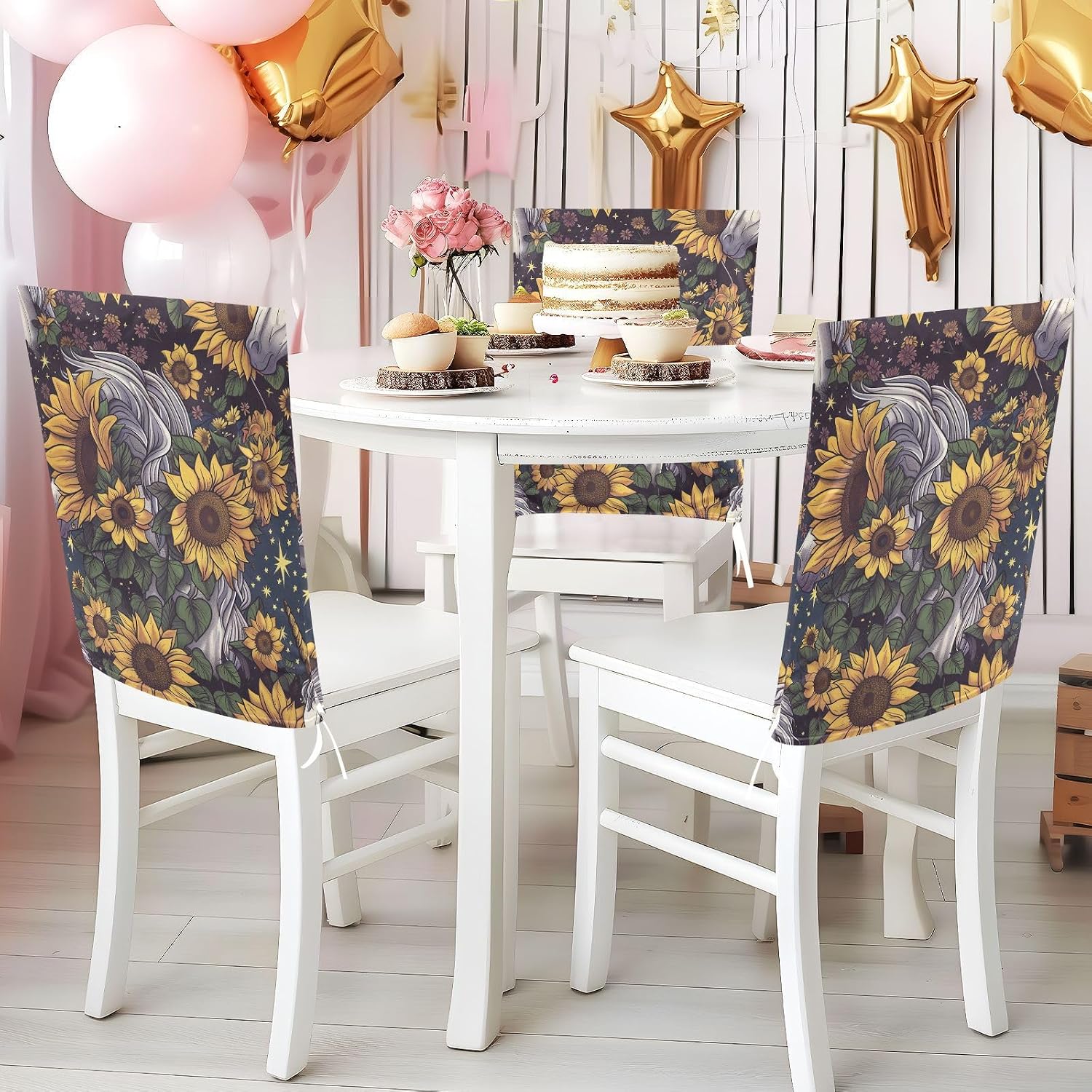 ALAZA Unicorn and Sunflowers Chair Back Cover Set of 6, Washable Reusable Removable Chair Slipcovers Decorative Chair Cover for Home Kitchen Wedding Party
