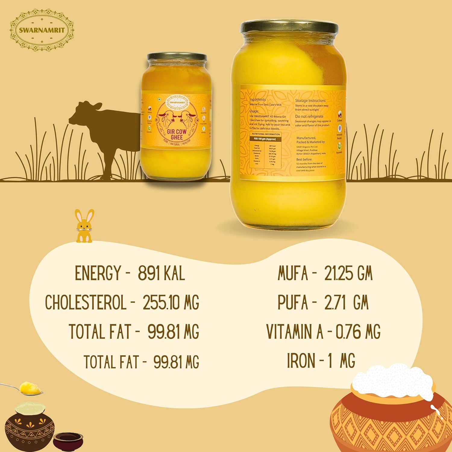 SWARNAMRIT A2 Desi Gir Cow Ghee Vedic Bilona Method Glass Jar Packaging (1 Litre X 2)