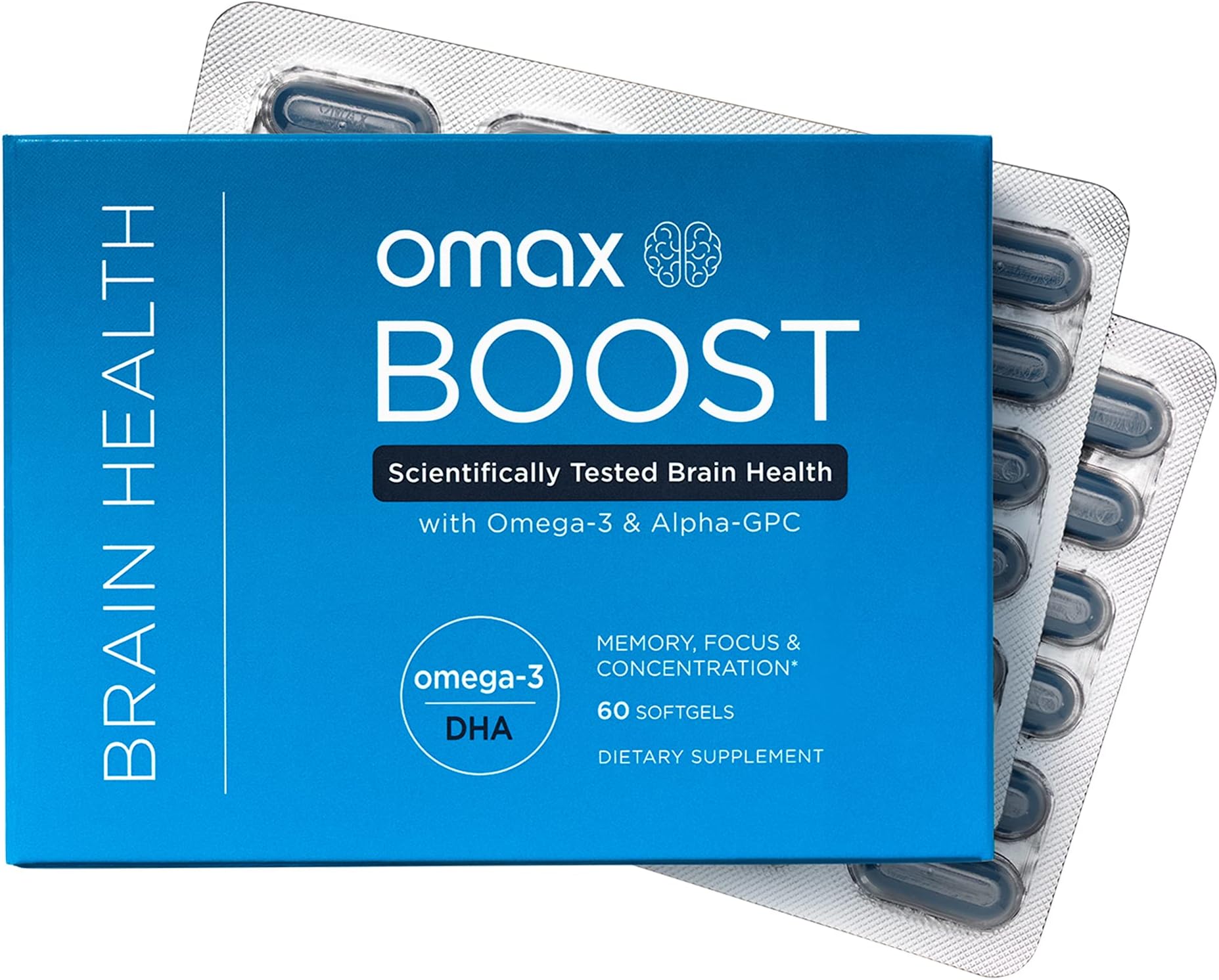 Omax Boost Alpha GPC Brain Health Supplement with Omega 3 DHA +, Focus, Performance, Mood, Immunity, Aging | 60 Softgels