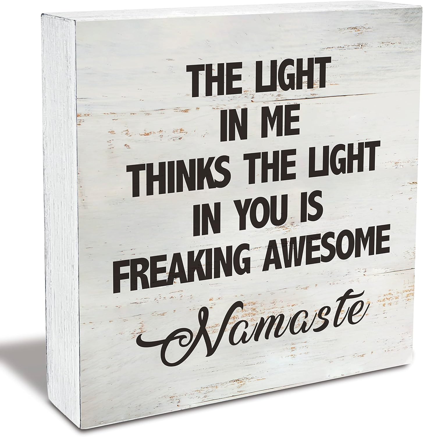 Namaste Quote the Light in Me Thinks the Light in You Wood Box Sign Rusitc Wooden Box Sign Yoga Meditation Room Desk Shelf Decor (5 X 5 Inch)