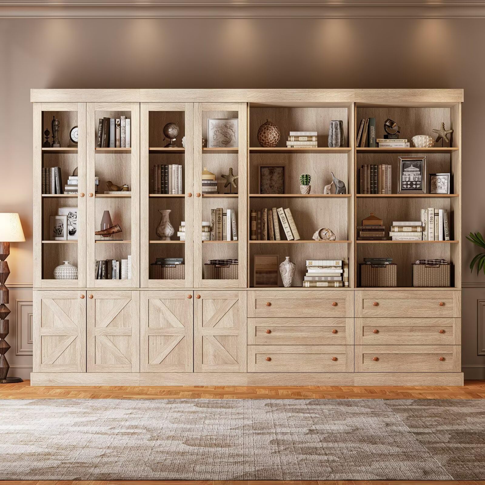 ivaniti 71" Farmhouse Bookcase with Glass Doors &amp; Drawers, Tall Wooden Storage Cabinet with Adjustable Shelves for Living Room, Kitchen, Home Office, Dining Room – Rustic Brown, Set of 4
