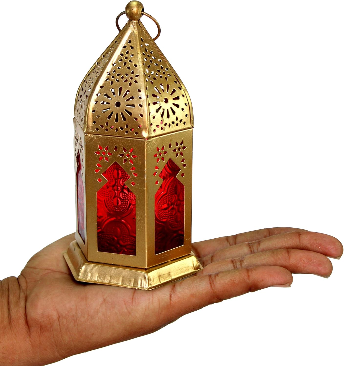 eSplanade Moroccan Lantern | Colored Glass Hanging Lamp - Set of 2 | Tealight Holder | Home Decor | Red-Golden - 6.5" Inches (Red-Golden)
