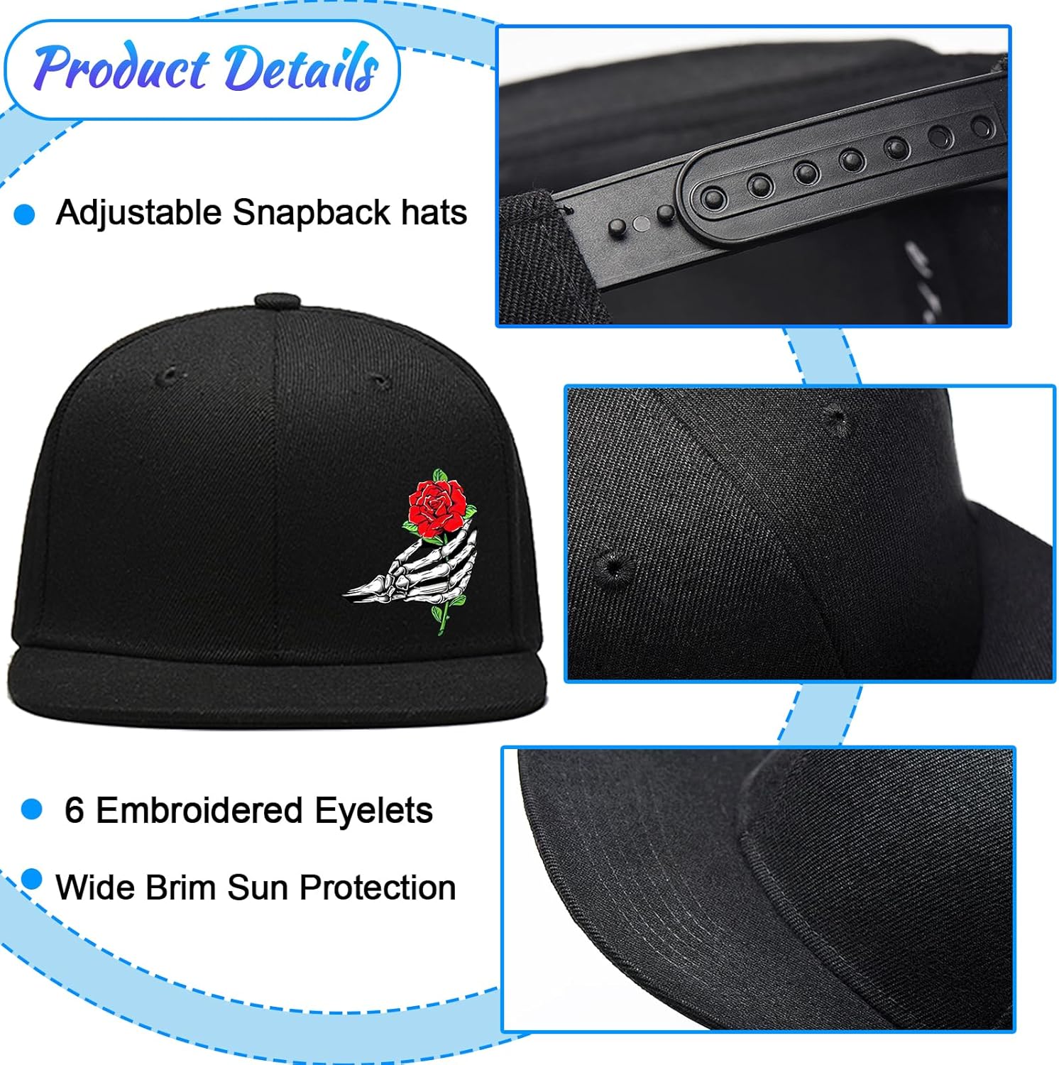 Snapback Hats for Men Flat Bill Brim Hats Fitted Black Baseball Cap for Men Cool Hip Hop Hat Mens Trucker Cap - Image 3