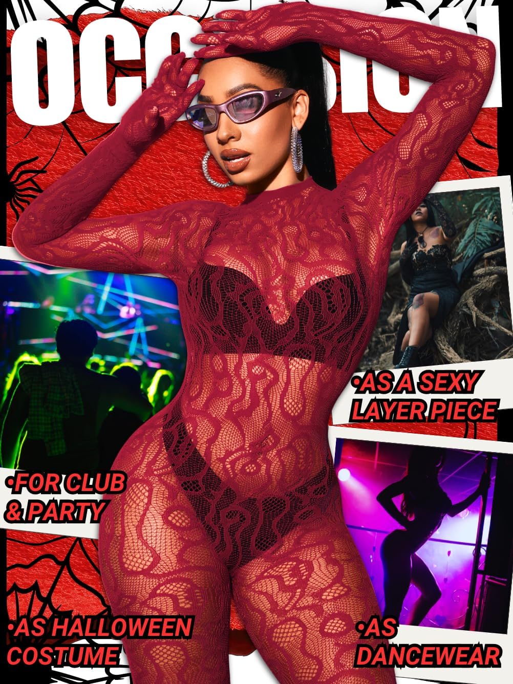 Women Sexy Fishnet Full Bodysuit, Mesh Lace Poster Jumpsuit Glow Party Rave Outfits, Body Stockings Halloween Costume - Image 5