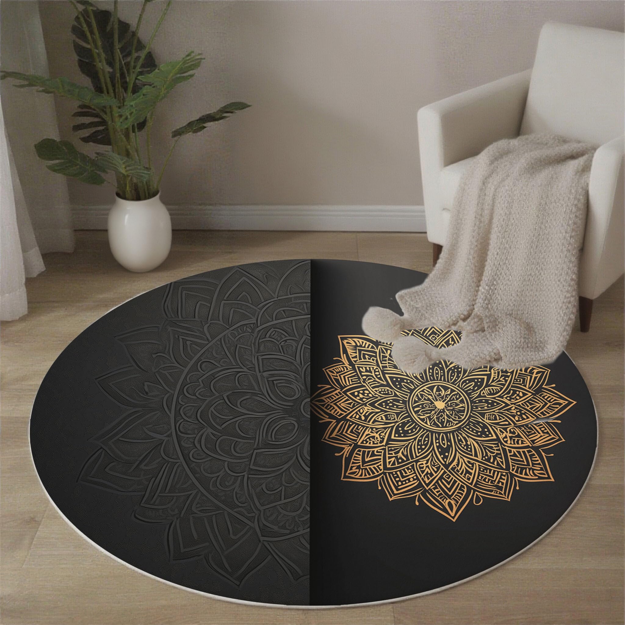 3D-Effekt Teppich Rund, 100cm Kurzflor rutschfest Teppiche Mandala Teppich Runder for Wohnzimmer Schlafzimmer Studie Heimbüro Pflegeleicht, Schwarz