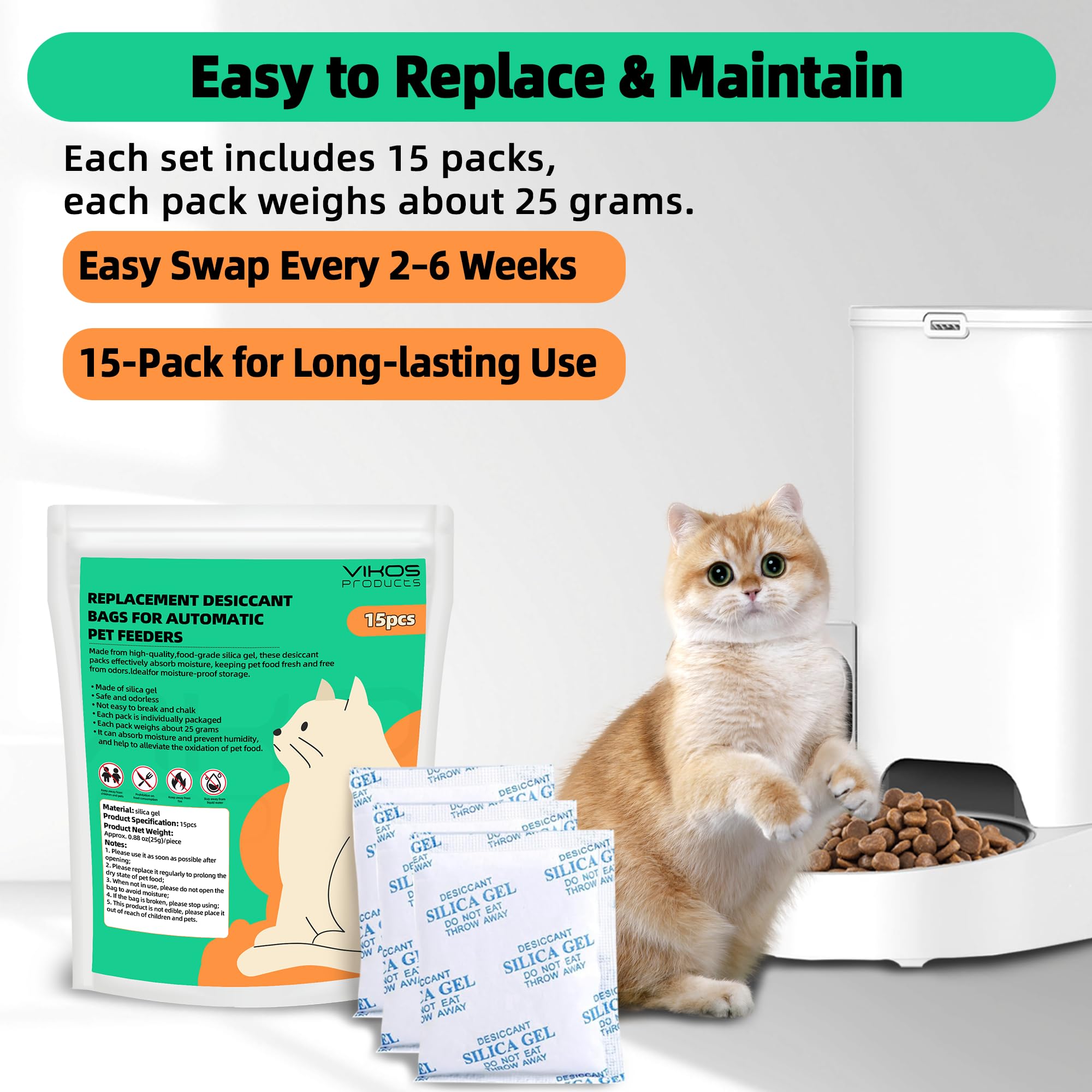 Paquete de 15 bolsas desecantes de repuesto compatibles con comederos automáticos para mascotas, bolsa desecante de alimentos para perros, se adapta a todos los comederos automáticos