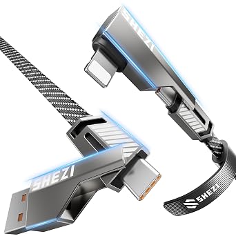 SHEZI 4-in-1 USB C Cable 5FT 90 Degree Fast Charging [480Mbps Data Sync] Flat Nylon Braided Charger Cord Combo, USB A/C to C/L Multi Charging Cable for iPhone 16/15/Samsung & Most Devices, Grey