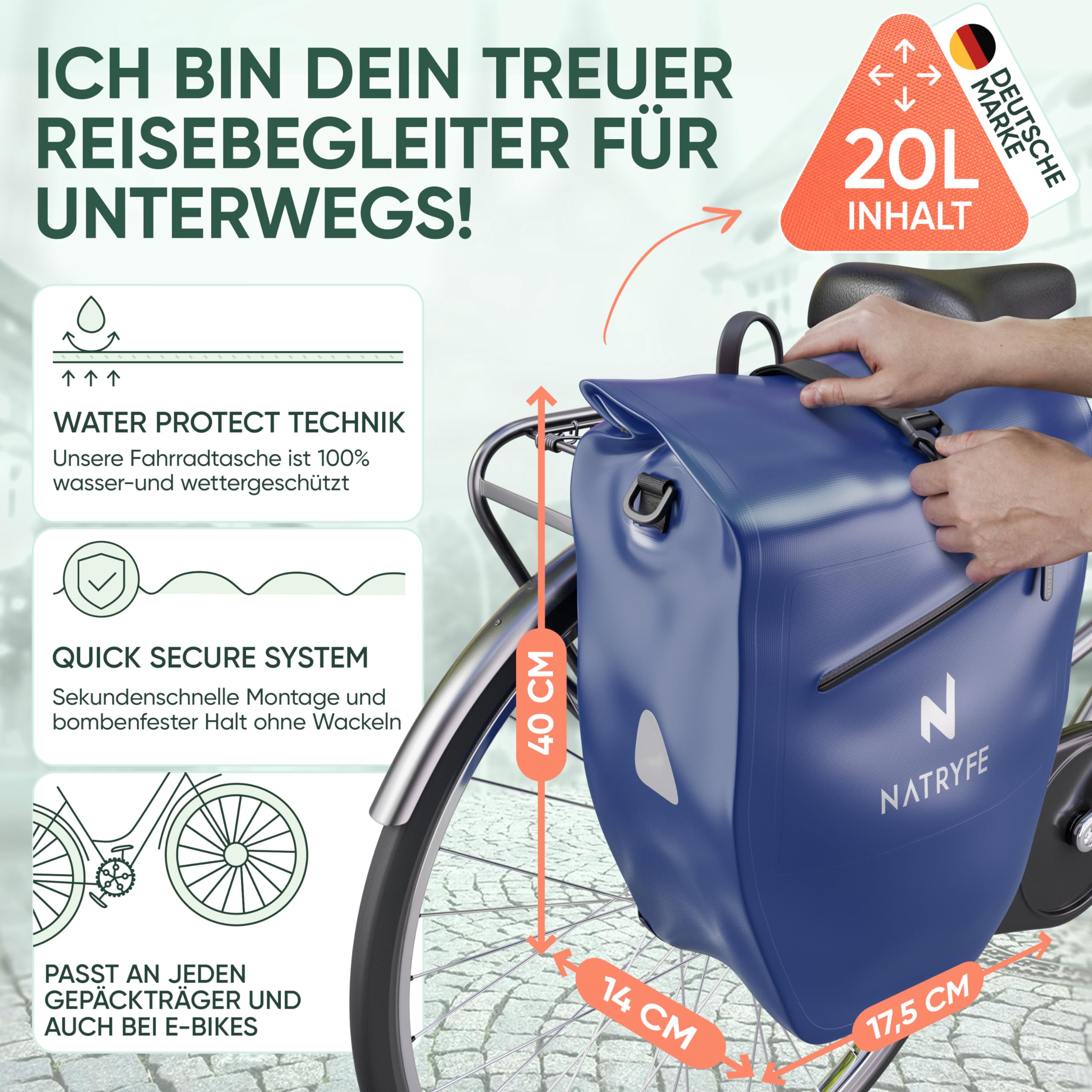 Sacoches Vélo Dansi 20L Imperméables - Lot De 2 Avec Bandoulière Et Système Clip Rapide