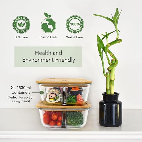 Miniatura 5 de Contenedores grandes de vidrio Bento con tapas de bambú, 3 compartimentos de vidrio para preparación de comidas (paquete de 2, XL 100% libre de