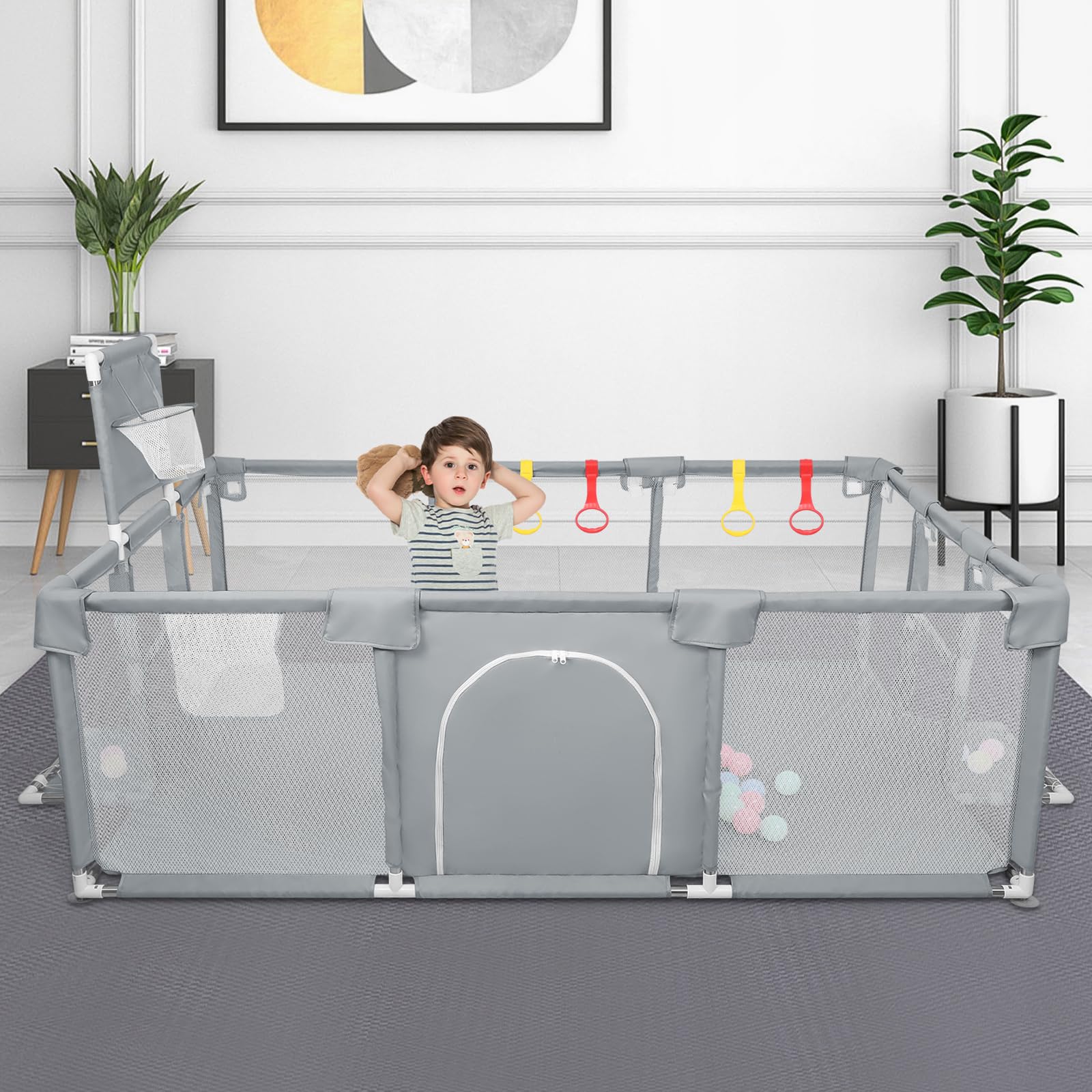 Grand Parc Bébé Modulable 180×120×66 cm Tissu Oxford Gris Foncé Aire de Jeux Sécurisée