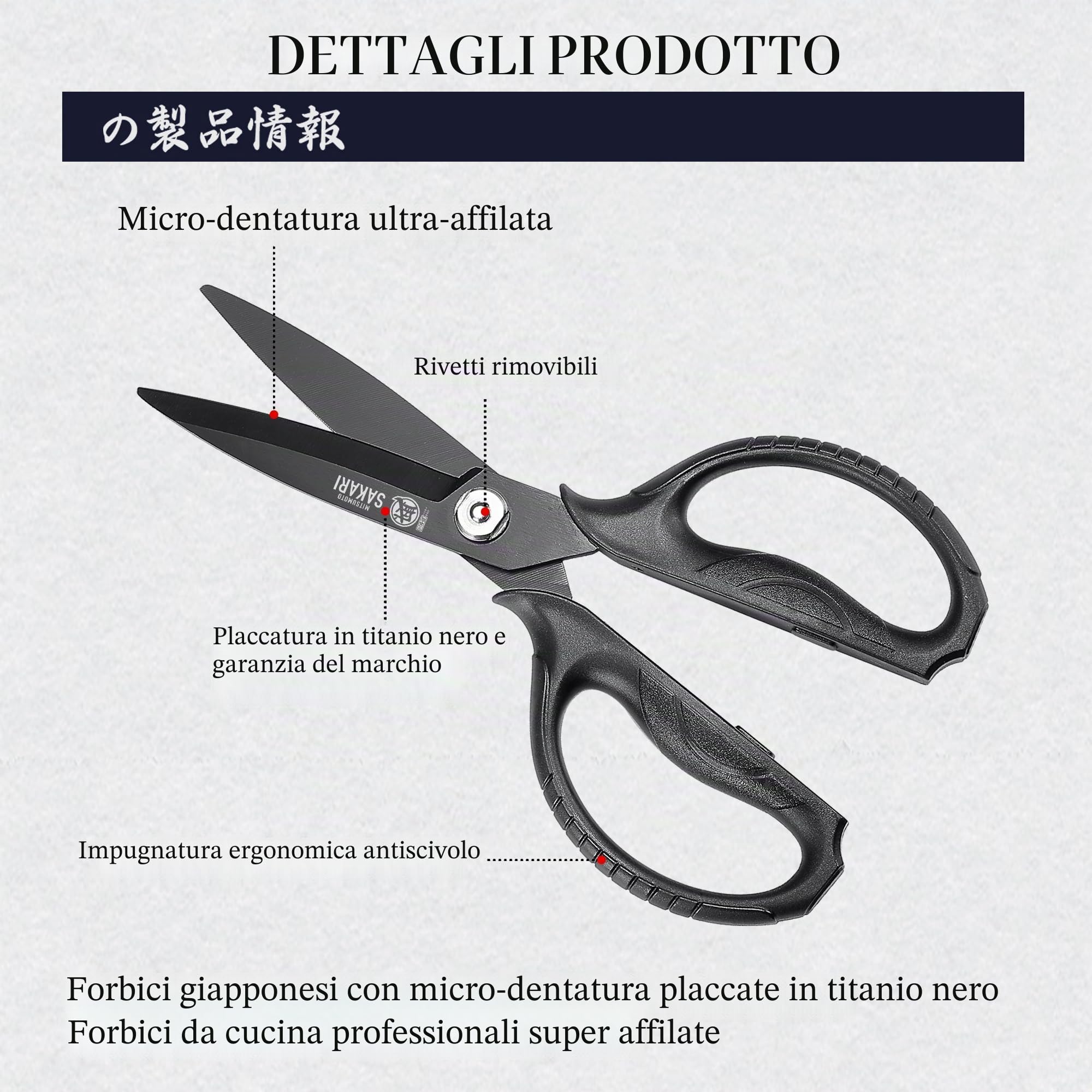 MITSUMOTO SAKARI Forbici da Cucina Giapponesi per Tutti Gli Usi, Forbici da Cucina Pesanti Placcate in Titanio Nero, Forbici Multiuso da Cucina e per Erbe, Micro Seghettate