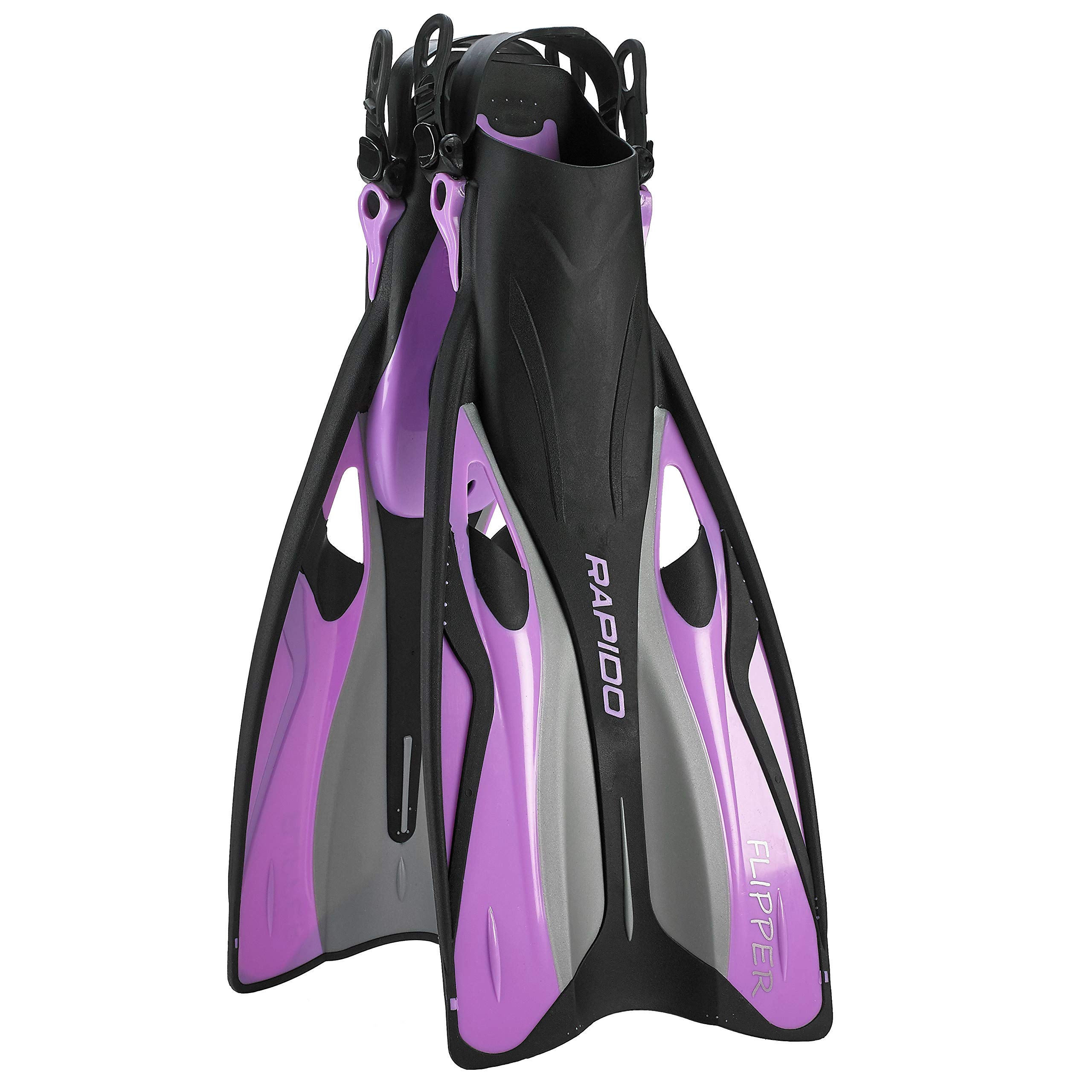 Phantom Aquatics Rapido Boutique Collection Clareza Three Window Tempered Glass Lens Mask Fin Snorkel Set with Snorkeling Gear Carry Bag, PR-LG, Lilac, ml/XL, 9-11 / EU: 41-45 (RPDCMFS-PR-LG_1)