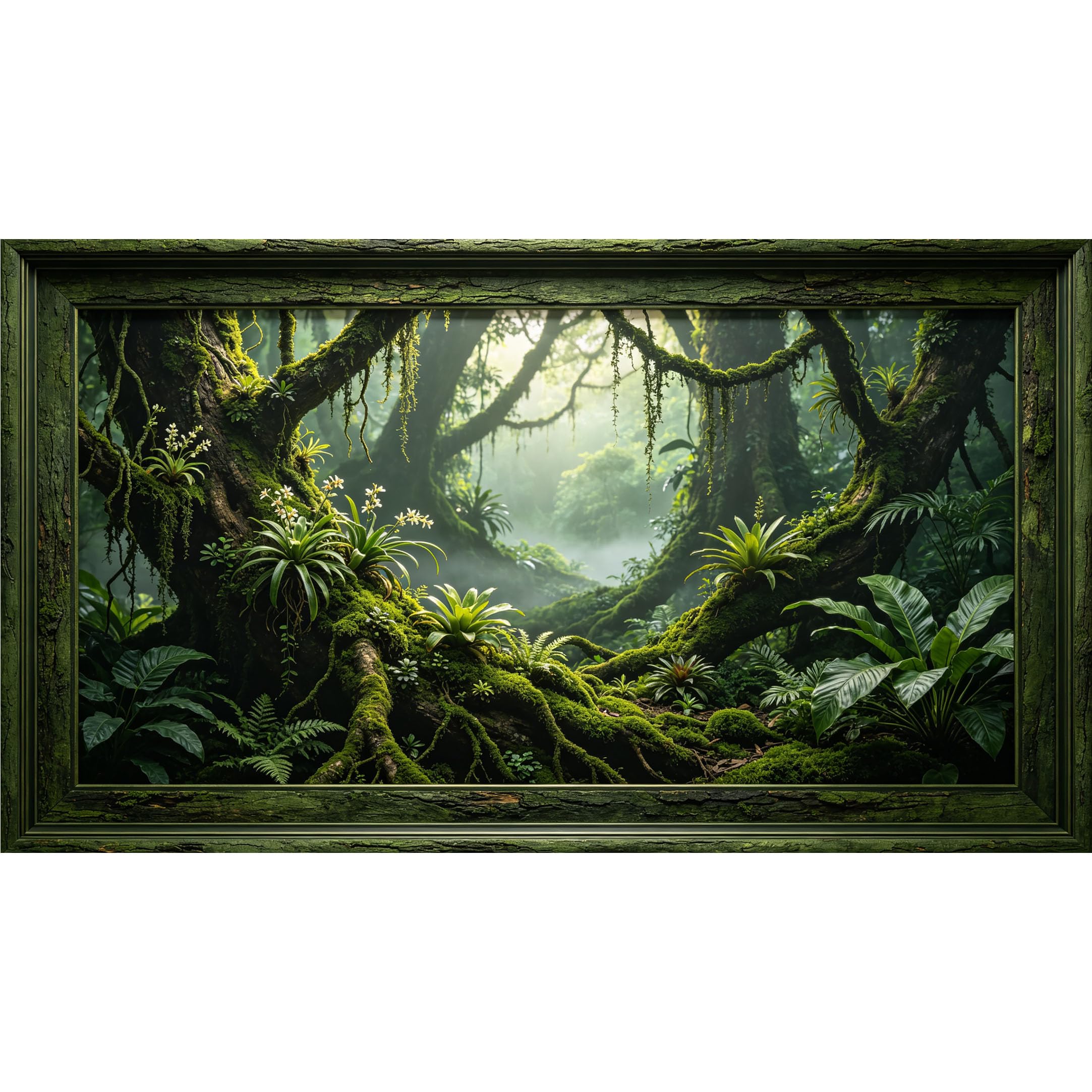 QZLITHOTIC 50x90cm3D Framed Wall Art， Tropical Jungle Moss Tree Botanical Self‑Adhesive Mural， Water‑Activated Peel & Stick Fabric Decor Wall Decal for Bedroom Living Room
