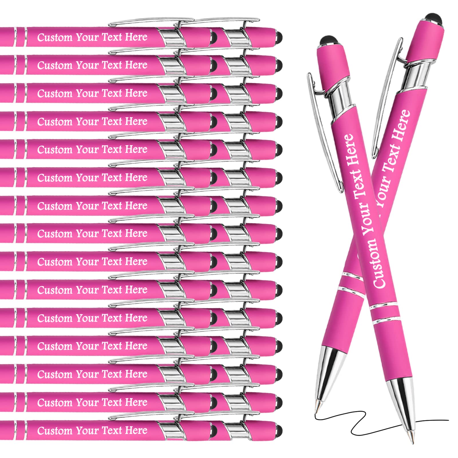 Personalised Pens Bulk Custom Pens with Logo Name 30 Pack Free Engraved Stylus Ballpoint Pens Customised Retractable Pen Message Text Gift for Men Women Black Ink Business Graduation Birthday Pink