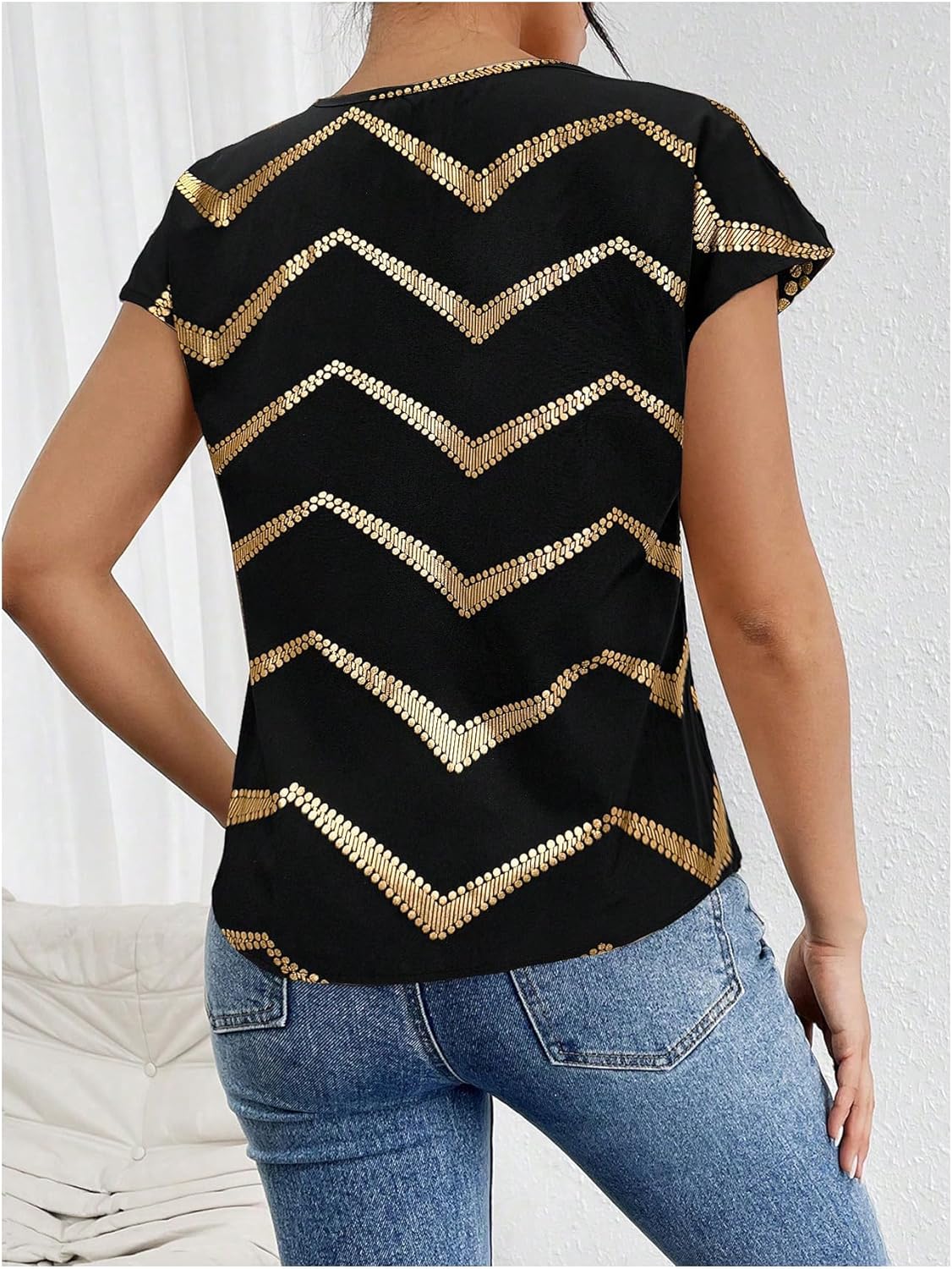 SweatyRocks Women's Crew Neck Satin Blouse Cap Short Sleeve Party Blouse Shirts Tops - Image 2