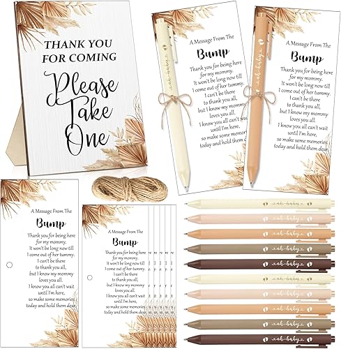 Sintuff Juego de 50 regalos de baby shower para invitados, 1 letrero de agradecimiento por venir, 50 bolígrafos, 50 tarjetas de agradecimiento con