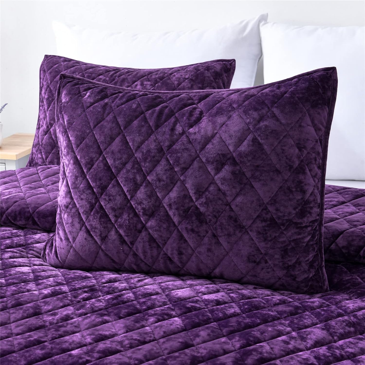 Fredsure Distressed Velvet Quilt Set, 3 Pieces Purple Queen, Distressed Velvet Face and Brushed Microfiber Reverse with Diamond Quilting - Image 3