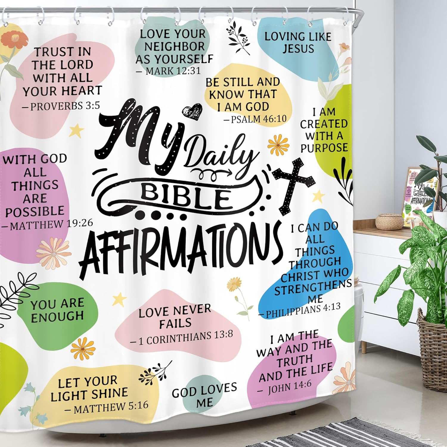 Homewelle Christian Bible Verse Shower Curtain Abstract Boho Mid Century Inspirational Quotes Minimalist Geometric Scripture 60Wx72H Inch Multicolor Waterproof Polyester Fabric Bathroom Bathtub