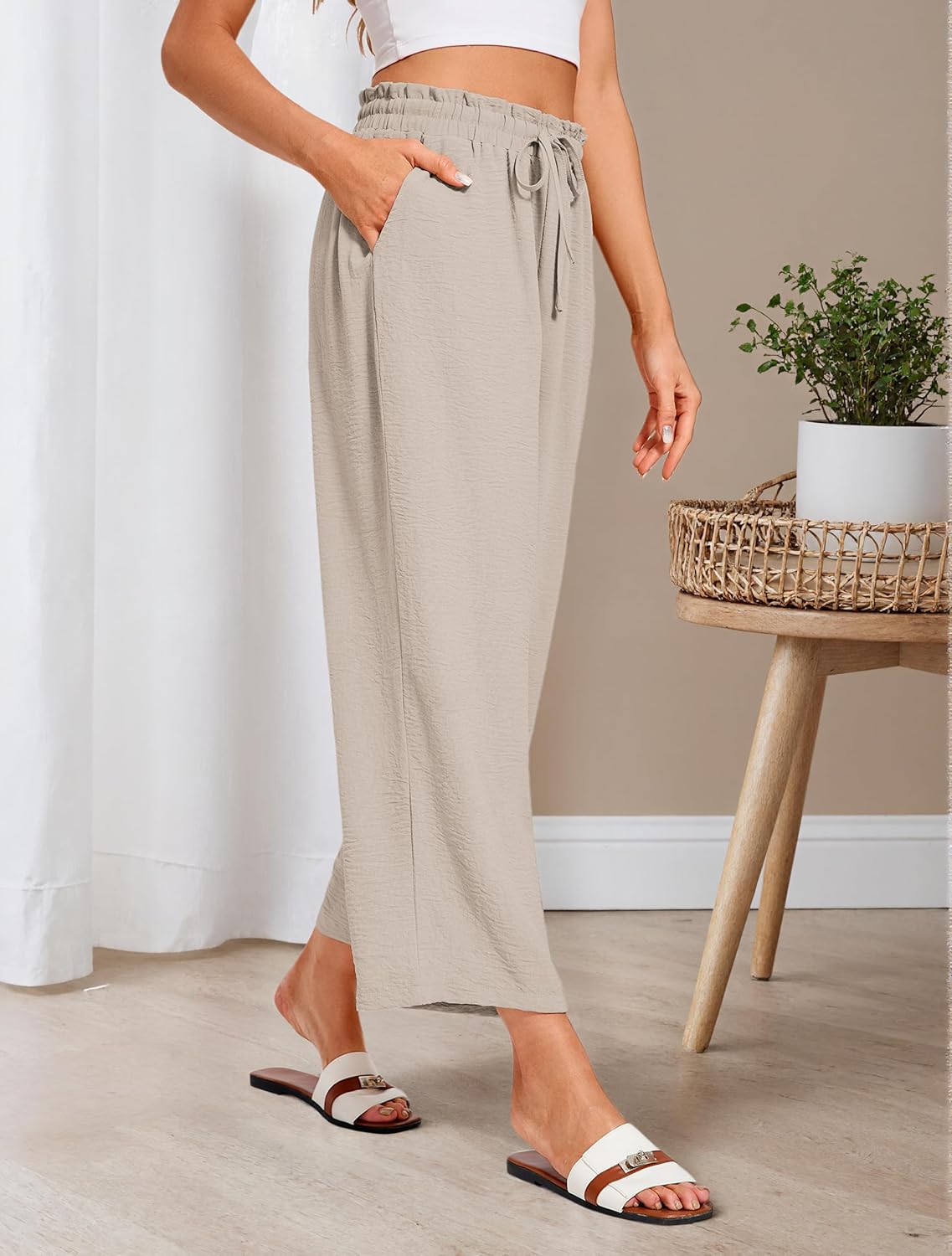 Wide Leg Pants Woman Casual Flowy Palazzo High Waist Cropped Trousers with Pockets Summer Beach Vacation Clothes - Image 6