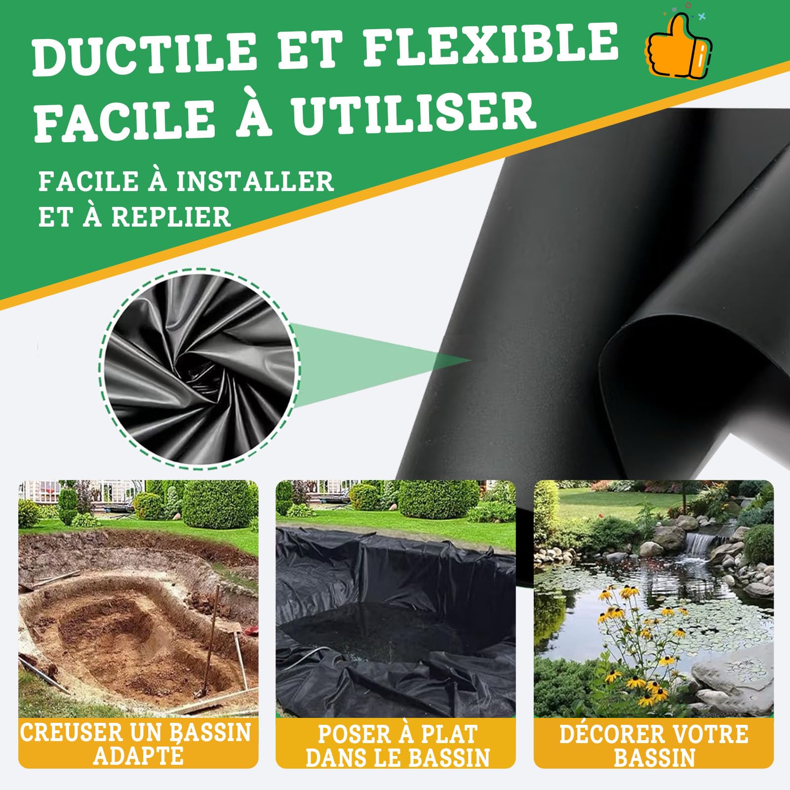 Telo per laghetto in PVC, 9 x 9,5 m, flessibile, in polietilene, resistente agli strappi, per laghetti, cascate da giardino, fontane e giardini tic