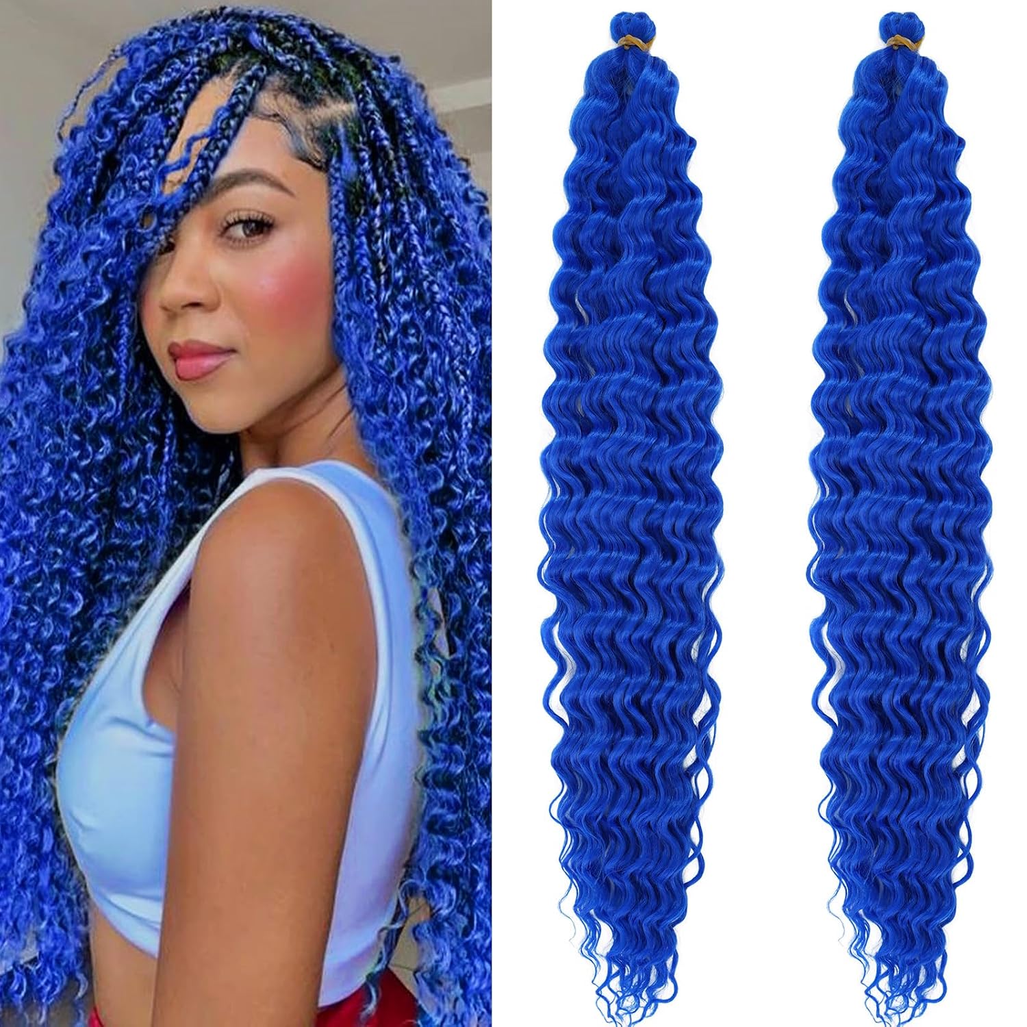 Blue Deep Wave Braiding Hair Water Ocean Wave Crochet Hair Blue Curly Wavy Braiding Hair Pre Stretched 24 Inch 2 Packs Boho Curls Hair for Braiding Synthetic Bohemian Crochet Braids